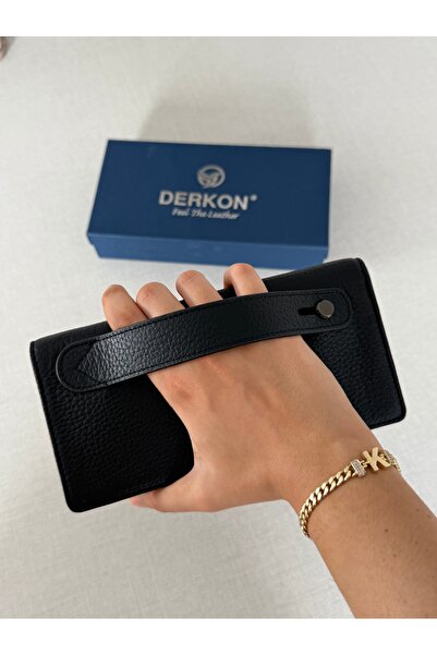 DERKON Genuine Leather Black Wallet with Phone Compartment and Hand Holder