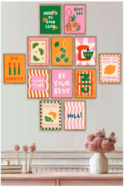 UNT Renkli Retro Yazılı 12’li Mutfak ve Kafe Duvar Tablo Seti – MDF Üzeri UV Baskı 15x20 cm