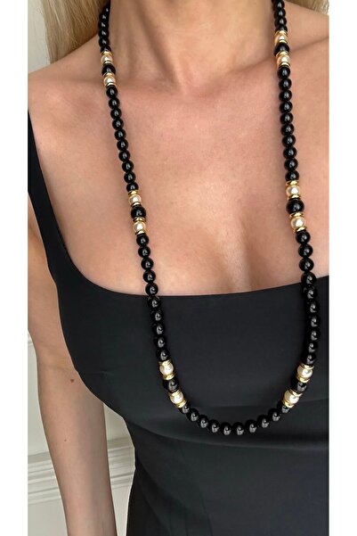 Solare Accessories Siyah İnci & Altın kaplama Detaylı Uzun Premium Kolye