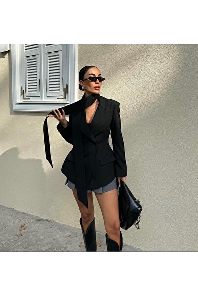BERİ BUTİK Kadın Bel Oturtmalı Siyah Ceket
