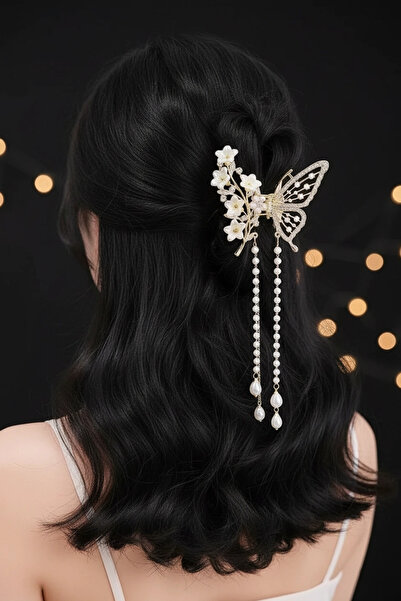 PRVT Kelebek Figürlü İnci Zincirli Metal Mandal Toka