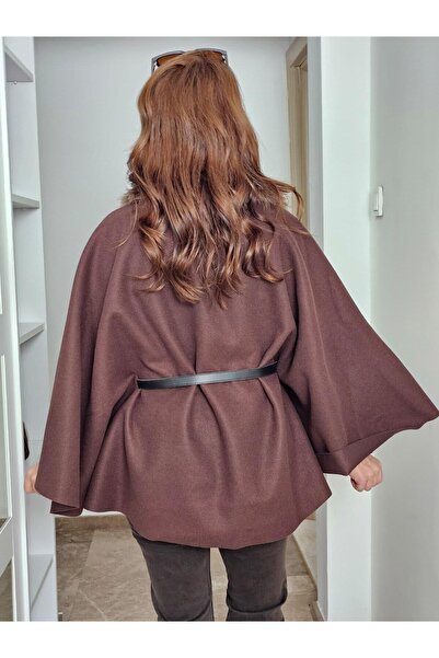 Felix Butik FELİX14136 Yakası Kürklü Kemerli Kahverengi Panço Ceket