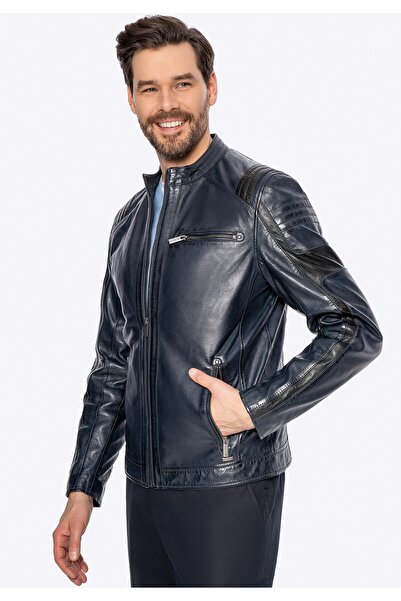 Wittchen Men's Sheepskin Biker Jacket Navy Blue Leather