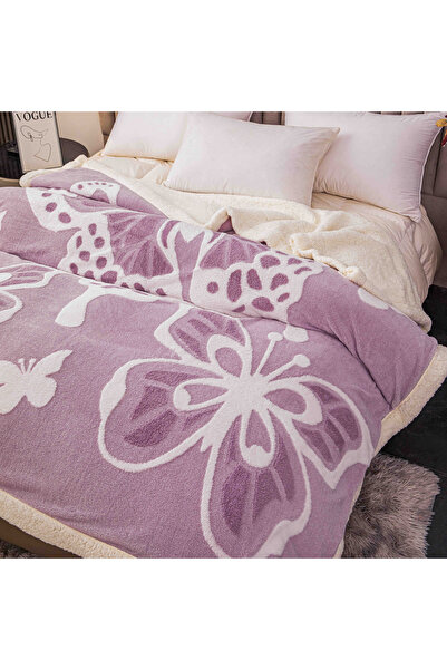 JOJO HOME Fluffy cocolino blanket with fur, 3D butterfly print, 200x230cm, Purple