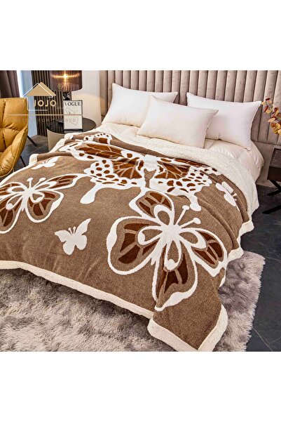 JOJO HOME Cocolino fluffy blanket with fur, 3D butterfly print, 200x230cm, Brown