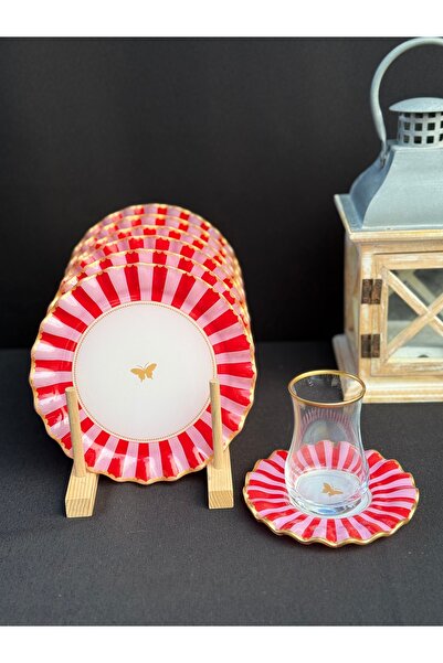 Hediye Köşkü 6 Kişilik 18 parça Pembe Kelebekli Pasta Tabaklı Çay Seti