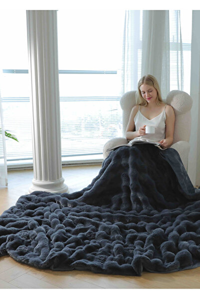JOJO HOME Κουβέρτα Cocolino εξαιρετικά αφράτη, από γούνα κουνελιού, με φερμουάρ, 200x230 εκ., σκούρο γκρι