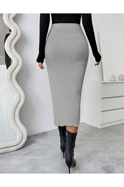 MAROVOAY Corded Fabric Midi Pencil Stretch Fabric Skirt with a Cross-Slit Detail on the Front