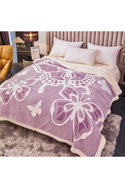 JOJO HOME Fluffy cocolino blanket with fur, 3D butterfly print, 200x230cm, Purple