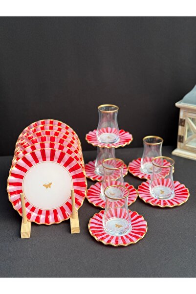 Hediye Köşkü 6 Kişilik 18 parça Pembe Kelebekli Pasta Tabaklı Çay Seti