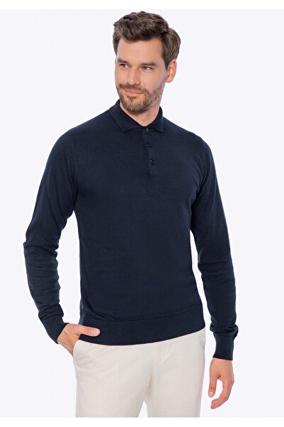 Wittchen Men's Sweater made of cotton with a cashmere blend, navy blue, navy blue cotton