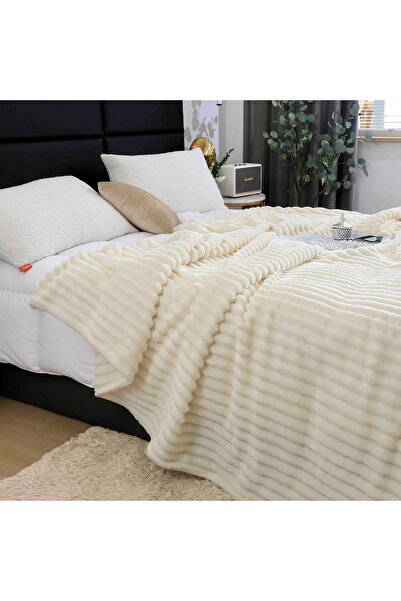 JOJO HOME Fluffy cocolino blanket, 200x230cm, striped pattern, Cream