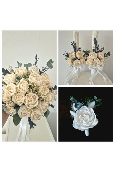 Yellow Tulip Set nunta/cununie, buchet mireasa, 2 lumanari, cocarda mire, realizat cu flori sola nemuritoare