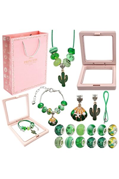 ProNice Set pentru bijuterii, 10 mărgele verzi, 2 pandantive, brățară, ramă, ...