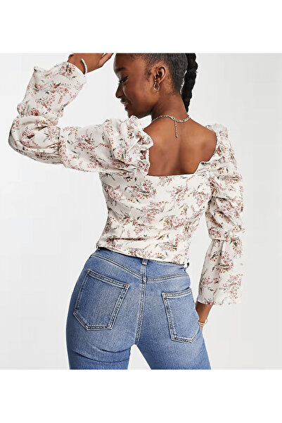 Missguided Tie Neck Floral Beige Blouse - XL, Beige, 100% polyester