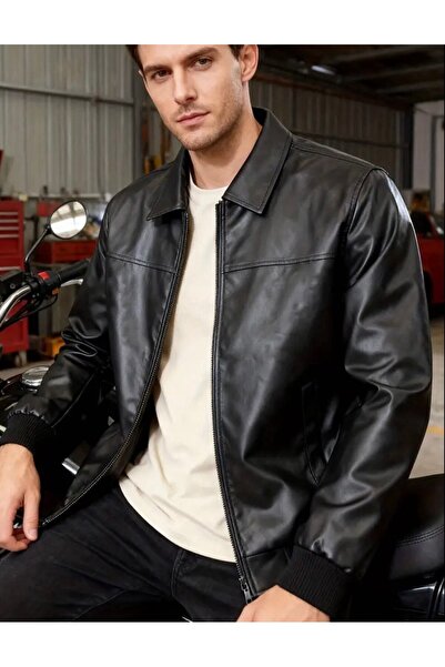 gentofSKY Slim Fit Ribbed Polo Collar Leather Jacket - Old Money Style