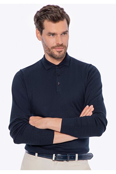 Wittchen Men's Sweater made of cotton with a cashmere blend, navy blue, navy blue cotton