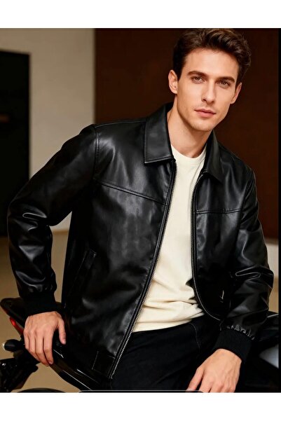 gentofSKY Slim Fit Ribbed Polo Collar Leather Jacket - Old Money Style