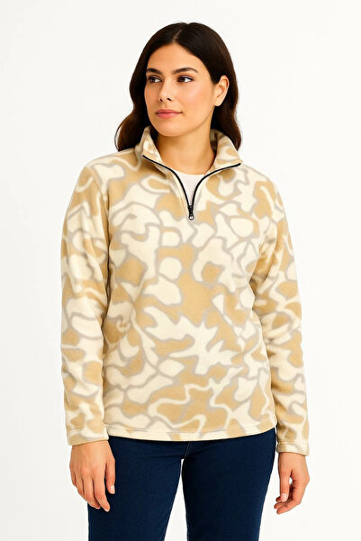 velmorafashion Velmora Patterned Fleece Sweatshirt with Collar, Long Sleeves, Oversized Comfortable Fit - Beige -