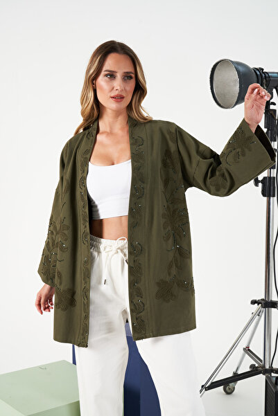 MİA NOURA Women's Oversize Kimono with Embroidered Sleeves and Front