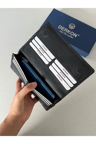 DERKON Genuine Leather Black Wallet with Phone Compartment and Hand Holder