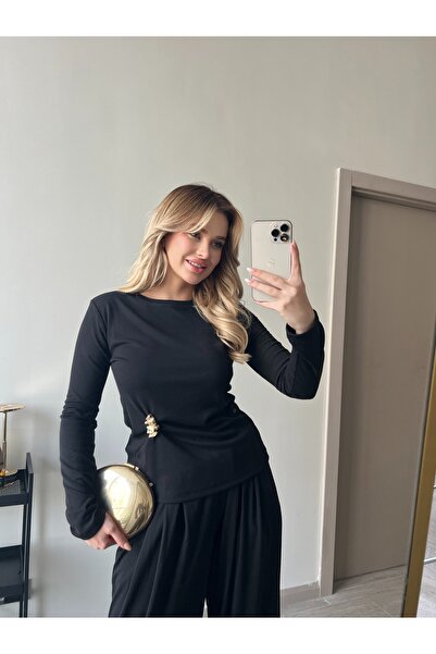 ForOus Brooched Flexible Fabric Elastic Waist Long Sleeve T-Shirt Set Casual