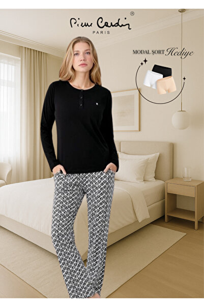 Pierre Cardin Women's Button Detailed Modal Black Long Sleeve Pajama Set (Modal Shorts Gift)