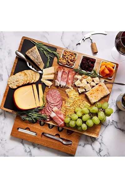 FAVEEZA 19-piece appetizer and cheese serving set with slate board and acacia wood platter