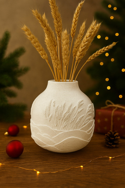 oraychess Beyaz Buğday Desenli Vazo - 3D Baskılı Dekoratif Ev Aksesuarı, Minimalist Masa Süsü, Eşsiz Hediye