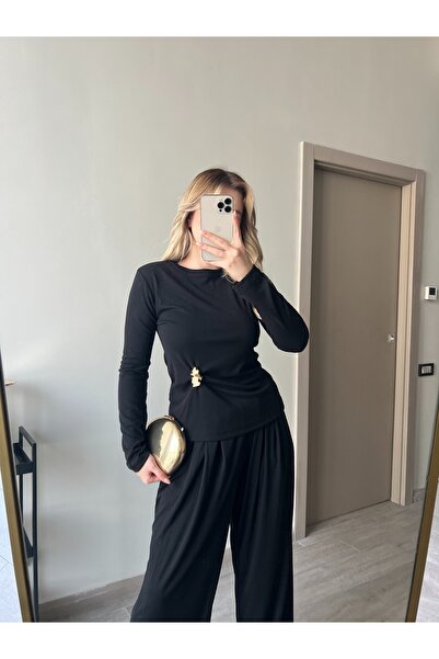 ForOus Brooched Flexible Fabric Elastic Waist Long Sleeve T-Shirt Set Casual