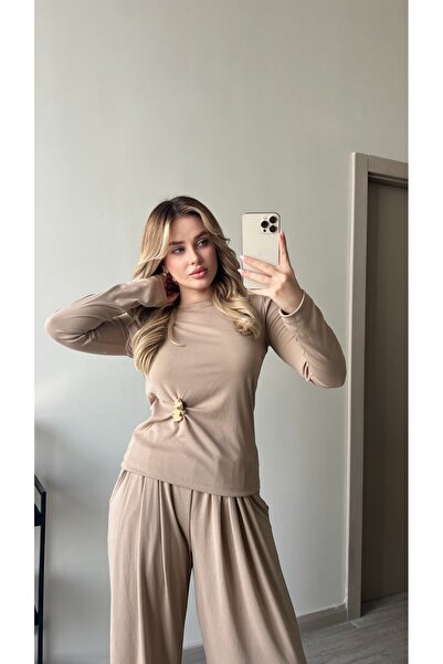 ForOus Brooched Flexible Fabric Elastic Waist Long Sleeve T-Shirt Set Casual