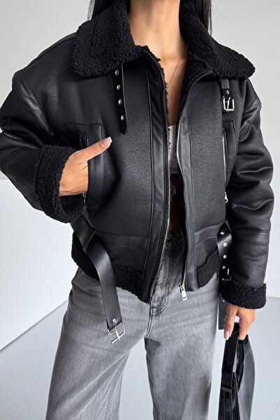 moda armanc Γυναικείο παλτό από ψεύτικο δέρμα με επένδυση από γούνα - Χειμώνας oversized Μπουφάν Biker με βελούδινο εσωτερικό