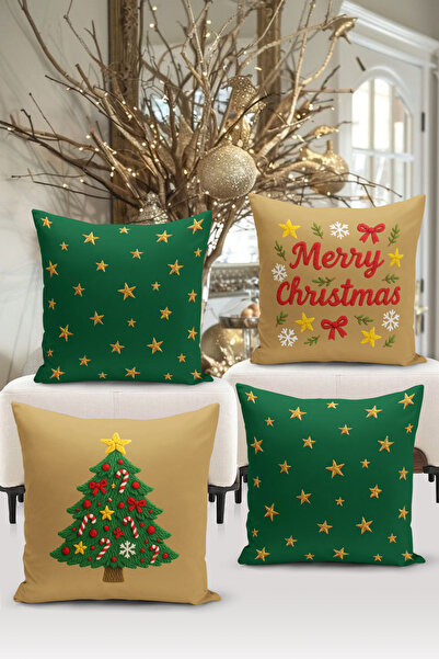 Bertille Home New Year Series Double-Sided Digital Printed Set of 4 Throw Pillow Covers (Christmas Cushion Cover)