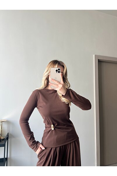 ForOus Brooched Flexible Fabric Elastic Waist Long Sleeve T-Shirt Set Casual