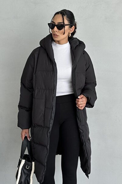 BY SCK Women's Black Hooded Long Puffer Coat - Oversized Thick Coat Winter Waterproof