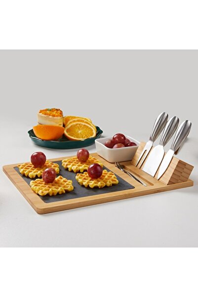 FAVEEZA 9-piece appetizer and cheese serving set - bamboo platter with slate board and stainless ste