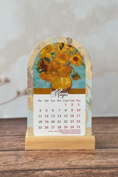 Sticker Ekspres 2026 Van Gogh Temalı Ahşap Standlı Özel Tasarım Takvim 2026 Masa Takvimi Hediye