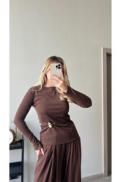 ForOus Brooched Flexible Fabric Elastic Waist Long Sleeve T-Shirt Set Casual