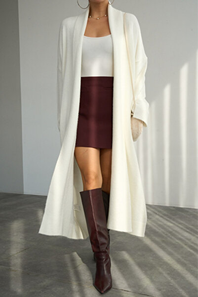 LOOSH Kadın Krem Şal Yaka Uzun Triko Hırka