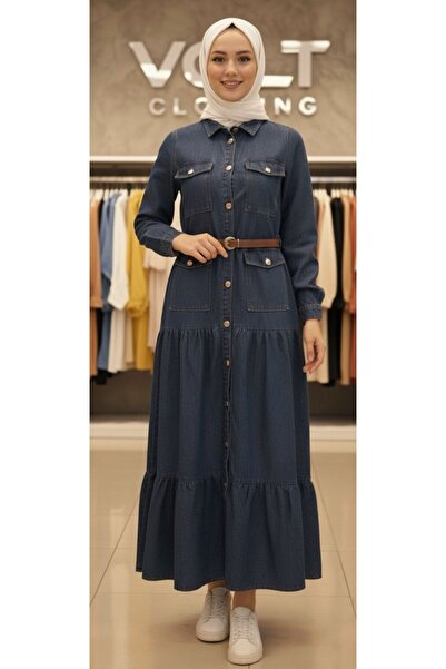 VOLT CLOTHİNG Gold Button Detailed Denim Dress