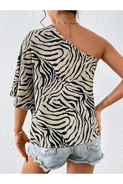 GORGLITTER Women's Zebra Striped Print One Shoulder Half Sleeve Blouse Tee Top