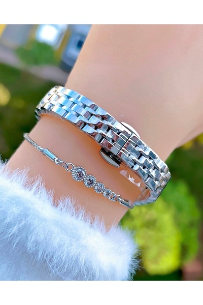 Ferrucci Cut Glass Cornered Steel Cord Stone Women's Wristwatch with Bracelet Gift