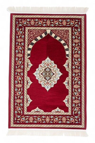 Öz Kadife Chenille Prayer Rug – Floral Embroidered Lined Design with Mihrap – Dowry Gift