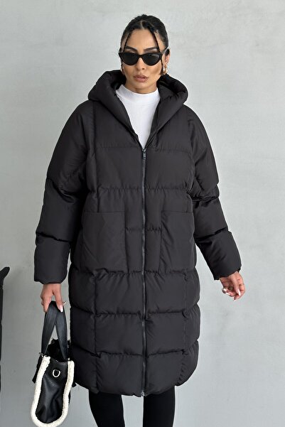 BY SCK Women's Black Hooded Long Puffer Coat - Oversized Thick Coat Winter Waterproof