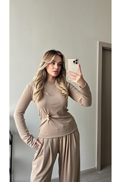 ForOus Brooched Flexible Fabric Elastic Waist Long Sleeve T-Shirt Set Casual