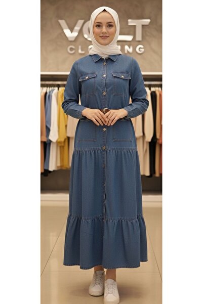 VOLT CLOTHİNG Gold Button Detailed Denim Dress