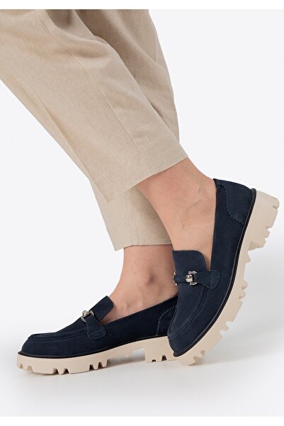 Wittchen Women's Suede Buckle Loafers Navy Blue Suede Leather