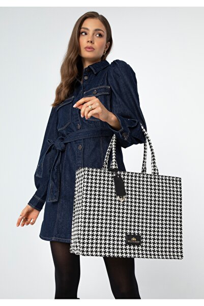 Wittchen Women's jacquard patterned shopper bag black and white cotton
