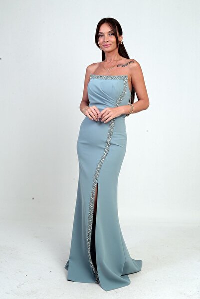 By Saygı Women's Long Crepe Dress with Draped Stone Detail on the Front