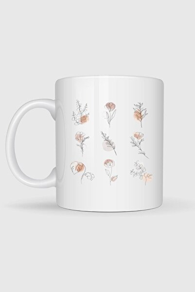 Bahriyeli Collection Flowers Line Art Botanical Watercolor Designed Mug Cup